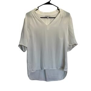 Joie Ance V-Neck Silk Blouse Porcelain White Puff Sleeve Top Pleated Office Work